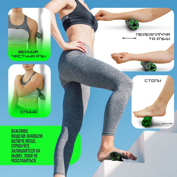 Масажний ролик (роллер) гладкий PowerPlay PP-4346 Mini EPP Foam Roller Чорно/Зелений (15x5,3см.) - Зображення 8