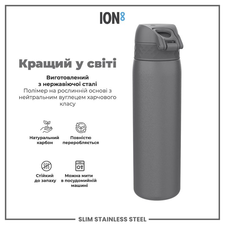 Пляшка для води металева ION8 600 мл. Stainless Steel , Grey - Зображення 6