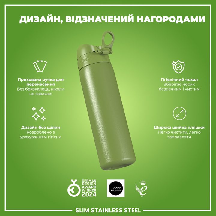 Пляшка для води металева ION8 600 мл. Stainless Steel , Khaki Green - Зображення 4