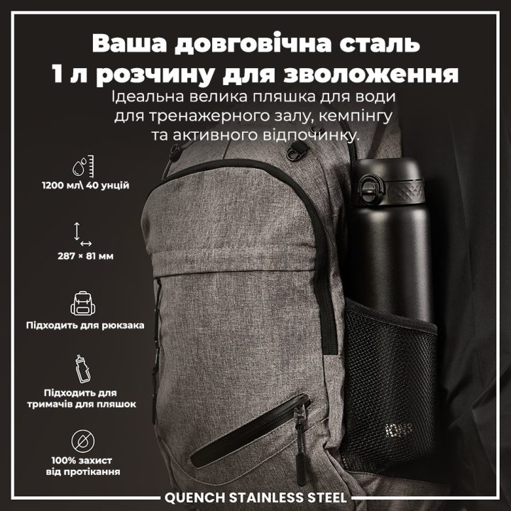 Пляшка для води металева ION8 1200 мл. Stainless Steel , Black - Зображення 5