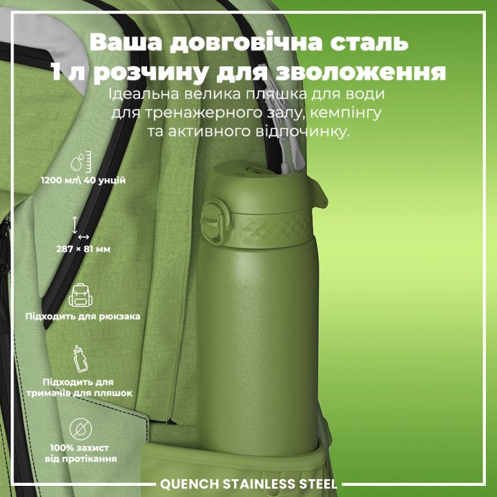 Пляшка для води металева ION8 1200 мл. Stainless Steel , Khaki Green - Зображення 5